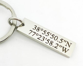 Personalized Coordinates Keychain, Stainless Steel Latitude Longitude Keychain, Engraved Map Coordinates for New Driver Gift