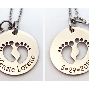 Personalized Baby Necklace, Double-Sided Engraved Baby Feet Cutout Necklace with Name and Date, Gift for New Mom