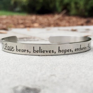1 Corinthians 13 Bracelet, Engraved Stainless Steel Christian Bible Verse Cuff Bracelet, Love Bears, Believes, Hopes, Endures All Things