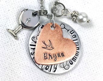 First Communion Necklace, Personalized Name Necklace, First Holy Communion Date, Hand Stamped Jewelry, Catholic Jewelry, Catholic Necklace