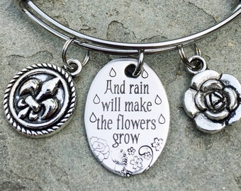 Les Miserables Bracelet, Les Mis Jewelry with Eponine Quote, Rain will Make the Flowers Grow. Fleur de Lis and Rose Charm