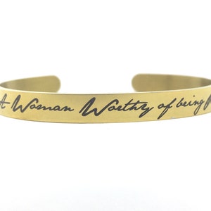 A Woman Worthy of Being Pleased Cuff, Engraved Stainless Steel Jane Austen Quote Cuff Bracelet, Pride and Prejudice Bracelet
