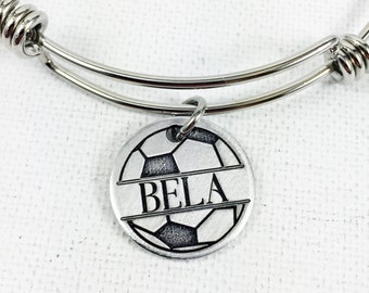 Personalized Soccer Bracelet, Personalized Soccer Bangle, Name Charm, Gift for Soccer Player, Soccer Coach Gift, Soccer Team Gift, Football