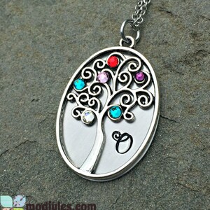 Family Tree Necklace with Birthstones, Hand Stamped Family Initial, Personalized Gift for Mom, Gift for Grandmother, Mommy Necklace