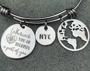 Memento Travel Bracelet, Engraved Personalized Going Away Gift, Stainless Wire Bangle with World Map Charm, City or Country Charm