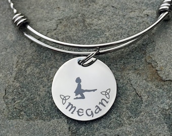 Personalized Irish Dancer Bangle Bracelet, Irish Dancing Jewelry with Leaping Dancer Silhouette, Name and Celtic Knots