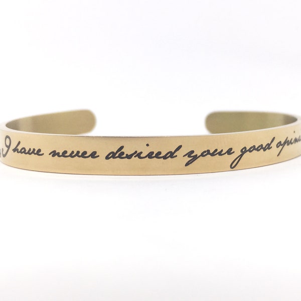 Jane Austen Cuff Bracelet, Engraved Stainless Steel Jane Austen Quote, I Have Never Desired Your Good Opinion