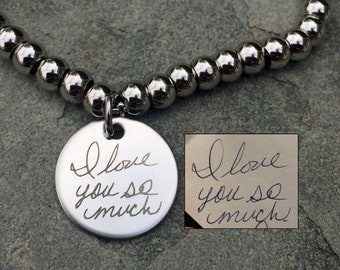 Adjustable Handwriting Bracelet, Stainless Steel Beaded Bolo Bracelet, Memorial Jewelry