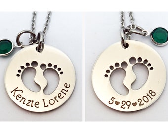 Personalized Baby Necklace, Double-Sided Engraved Baby Feet Cutout Necklace with Name and Date, Gift for New Mom