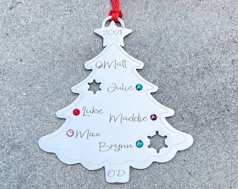 Family Christmas Tree Ornament with Birthstones, Personalized Stainless Steel Ornament, Engraved Names, Family Name, Year,