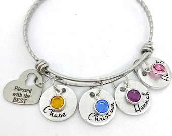 Personalized Mom Bracelet with Engraved Kids Names and Birthstones, Children's Name Bracelet, Mother's Day Gift, Grandma Gift