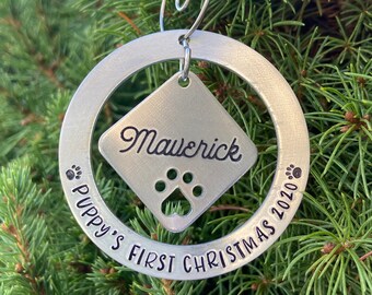 Hand Stamped Pet Christmas Ornament, Dog Christmas Ornament, Puppy's First Christmas, Kitty's First Christmas, Cat Christmas Ornament