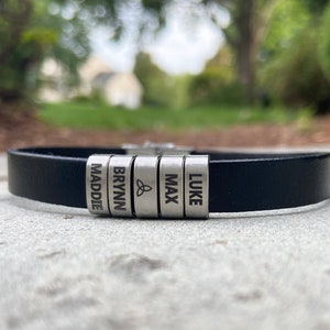 Personalized Mens Leather Bracelet with Custom Stainless Steel Slider Beads with Name, Date, or Design