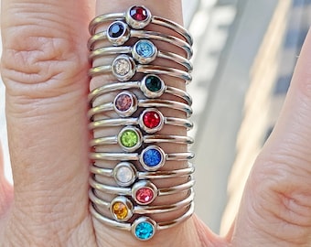 Stackable Birthstone Ring, Thin, Dainty Stainless Steel Crystal