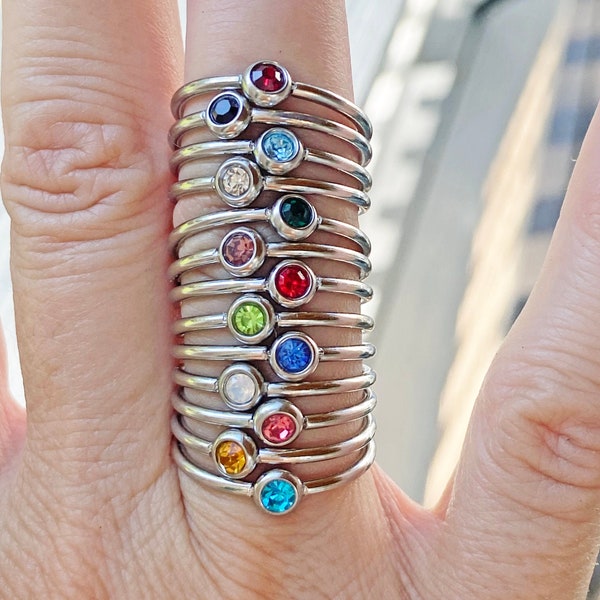 Stackable Birthstone Ring, Thin, Dainty Stainless Steel Crystal Gem Birthstone Band Spacer Ring, Birthstone Stacking Ring