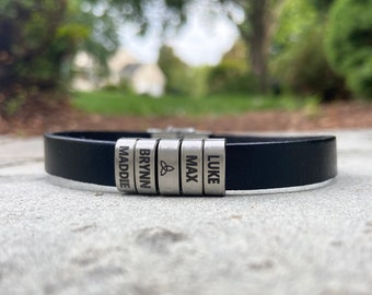 Personalized Mens Leather Bracelet with Custom Stainless Steel Slider Beads with Name, Date, or Design