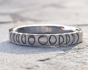 Phases of the Moon Stacking Ring, Hand Stamped Silver Stainless Steel Stackable Ring, Celestial Jewelry