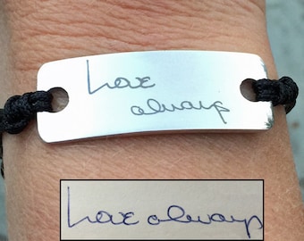 Adjustable Handwriting Bracelet, Stainless Steel ID Tag and Black Cord Bracelet, Memorial Jewelry