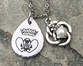 Engraved Luckenbooth Necklace, Scottish Wedding Love Token with Celtic Knot Charm and Pearl Dangle