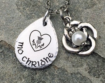 Gaelic Mo Chridhe Necklace with Celtic Knot Charm and Pearl Bead, Sassenach Gift