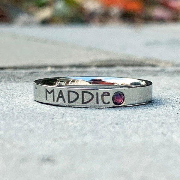 Engraved Stacking Name Ring with Birthstone, Personalized Stackable Ring for Mom, Custom Engraved Stainless Steel Stacking Birthstone Ring