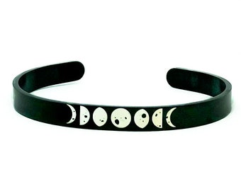Moon Phases Bracelet, Moon Jewelry, Full, Waxing, Waning, Crescent Moon Cuff, Engraved Celestial Bracelet