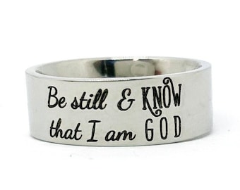 Be Still Ring, Christian Ring, Psalm 46:10, Engraved Bible Verse Ring, Religious Gift, Faith Ring, Scripture Jewelry, 8mm Stainless Ring