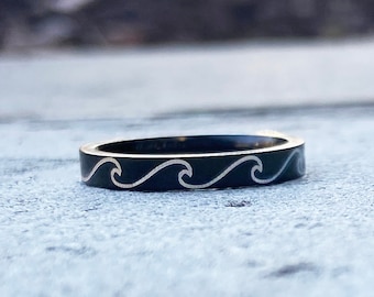 Black Waves Ring, Engraved Black Stainless Steel Beach Waves Stacking Ring, Beach Jewelry