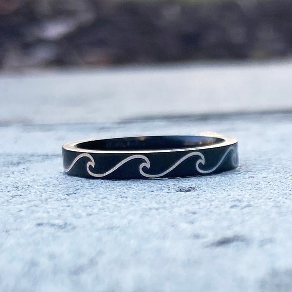 Black Waves Ring, Engraved Black Stainless Steel Beach Waves Stacking Ring, Beach Jewelry