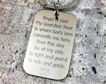 Guardian Angel of God Prayer Catholic Keychain, Engraved Stainless Steel Christian Sacrament Gift