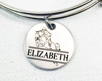 Personalized Equestrian Bangle Bracelet with Name, Engraved Gift for Horseback Rider