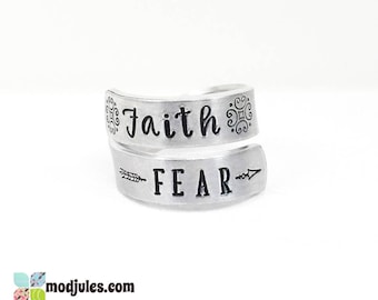 Faith Over Fear Ring, Faith Ring, Hand Stamped Twist Wrap Ring, Religious Ring, Inspirational Ring, Have Faith Jewelry, Christian Ring