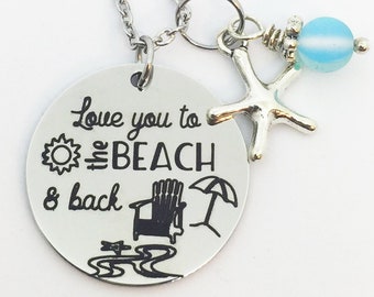 Love You to the Beach and Back Necklace with Starfish Charm and Seaglass Blue Bead, Beach Lovers Gift for Her