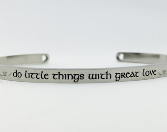 Catholic Cuff Bracelet with St Therese Quote, Thin Christian Bracelet, Do Little Things with Great Love Cuff