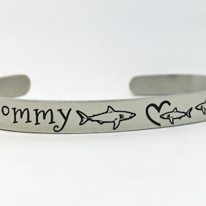 Mommy Shark Bracelet, Engraved Stainless Steel Mom Cuff, Custom Mom and Children Jewelry