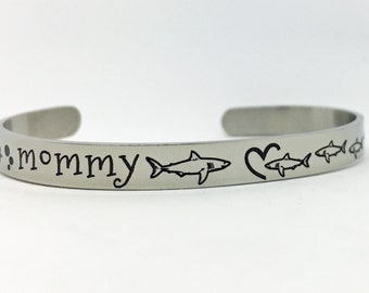 Mommy Shark Bracelet, Engraved Stainless Steel Mom Cuff, Custom Mom and Children Jewelry