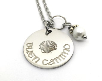 Engraved Buen Camino Necklace with Scallop Shell, Camino de Santiago Gift, Gift for Catholic Pilgrimage of St James