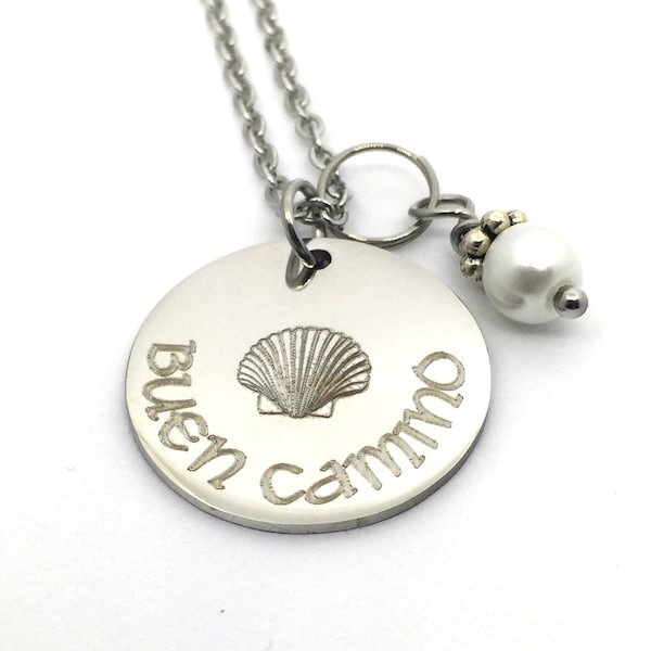 Engraved Buen Camino Necklace with Scallop Shell, Camino de Santiago Gift, Gift for Catholic Pilgrimage of St James
