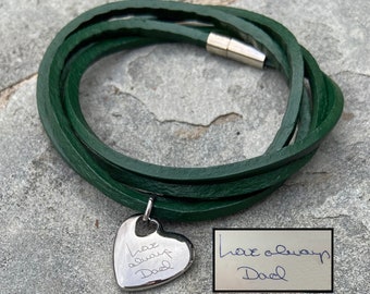 Multi Strand Leather Wrap Bracelet with Handwriting Heart Charm, Stainless Steel Heart Pendant with Dark Green Leather Necklace