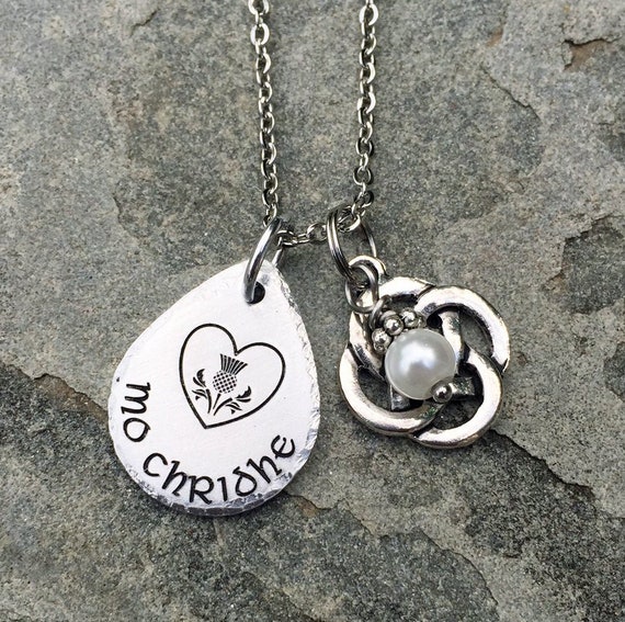 Gaelic Mo Chridhe Necklace with Celtic Knot Charm and Pearl Bead, Sassenach Gift