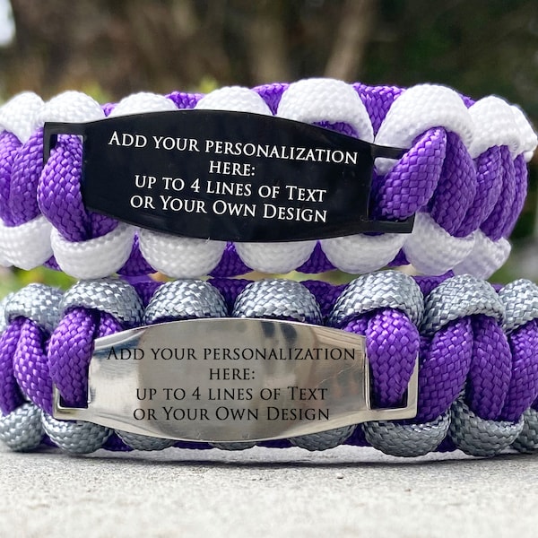 Braided Paracord Bracelet with Personalized Engraved Stainless Steel ID Tag, Pick Two Colors, Engrave Text, Designs, Medical ID Information