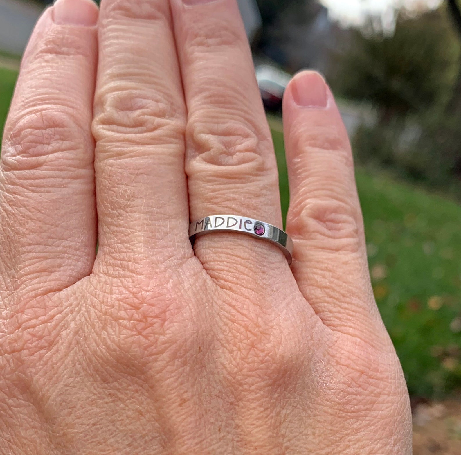 Engraved Stacking Name Ring With Birthstone Personalized Etsy