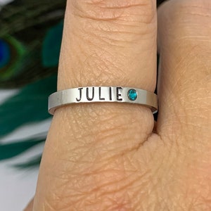 Birthstone Stacking Name Ring, Personalized Stackable Ring for Mom, Custom Hand Stamped Silver Stainless Steel Stacking Ring image 2