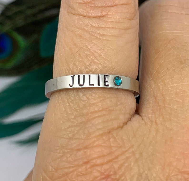 Birthstone Stacking Name Ring, Personalized Stackable Ring for Mom, Custom Hand Stamped Silver Stainless Steel Stacking Ring image 2