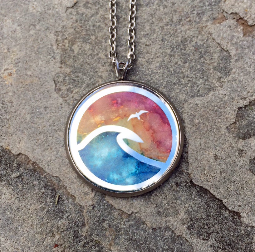 Sunset Wave Necklace Engraved Painted Mirror Jewelry - Etsy