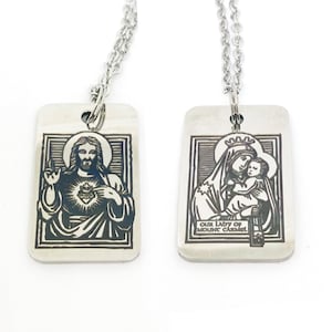 Metal Catholic Scapular Necklace, Engraved Double-Sided Stainless Steel Scapular Medal, Sacred Heart of Jesus, Our Lady of Mt Carmel