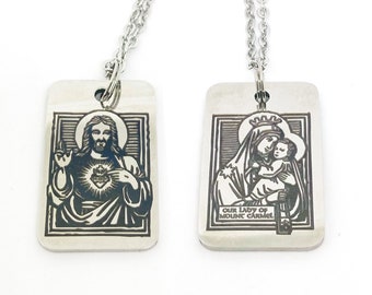 Metal Catholic Scapular, Engraved Double-Sided Stainless Steel Scapular, Sacred Heart of Jesus, Our Lady of Mt Carmel