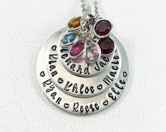 Layered Grandmother Necklace with Birthstones and Grandchildren's Names, Personalized Gift for Grandmother, Mommy Necklace