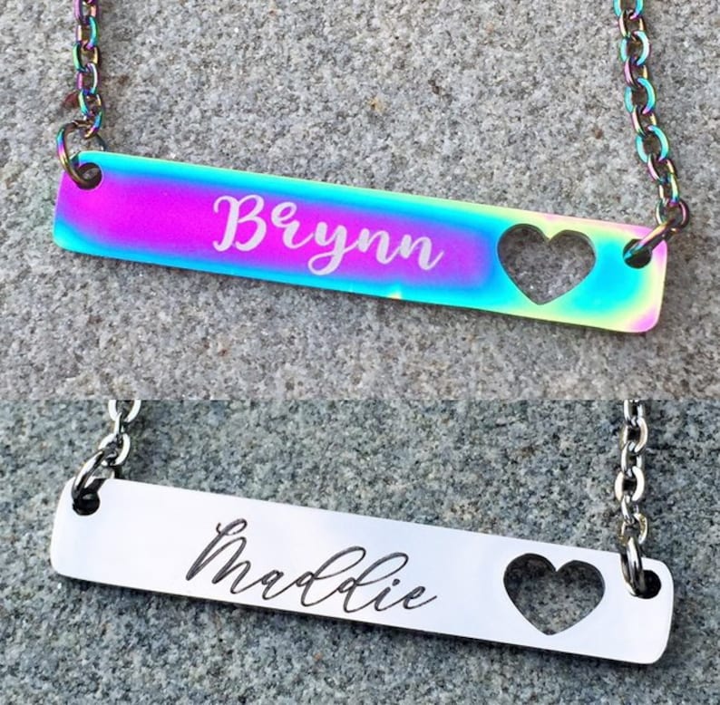 Name Bar Necklace with Heart Cutout, Personalized Stainless Steel Rectangle Tag Pendant with Couple Initials, Kids Names, Date image 1