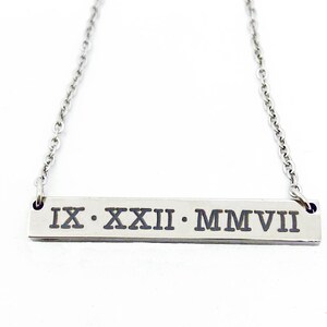 Engraved Bar Necklace, Roman Numerals, Date, Name Necklace